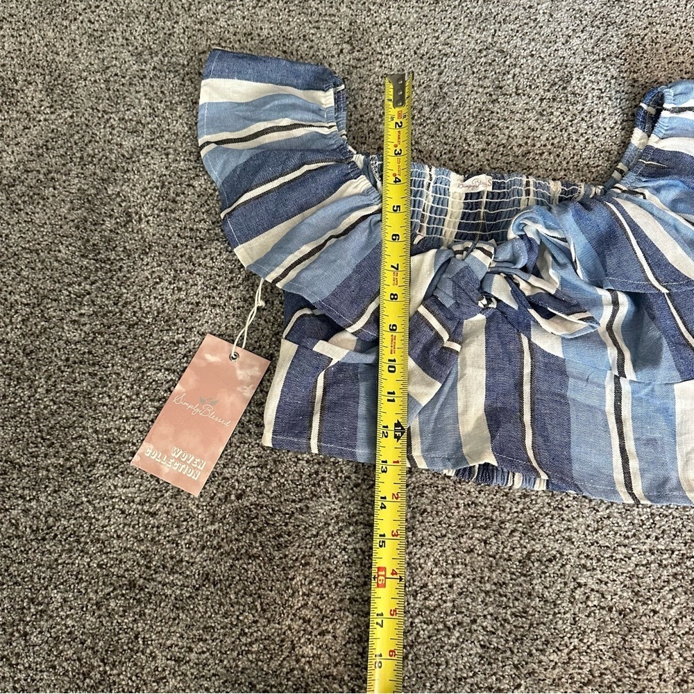 SIMPLY BLESSED S Denim Linen Cropped Striped Smocked Top Bow Tie Front R $65 NWT - Picture 13 of 13
